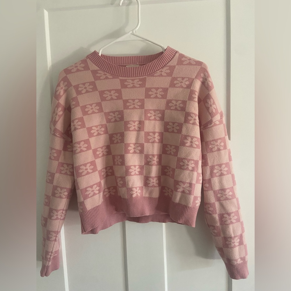 Pink Floral Checkered Women's Sweater